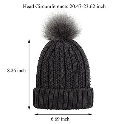 Muryobao Womens Satin Lined Beanie Hat with Faux Fur Pom Cuffed Winter Warm Knit Skull Cap - color: Dark Grey