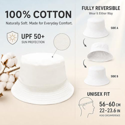 Bucket Hat for Women Men, Reversible Cotton Summer Sun Beach Cap Solid Color Style - color: White