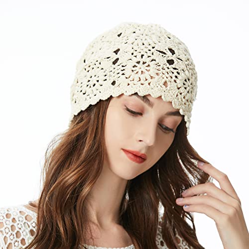 ZLYC Women Cotton Crochet Slouchy Beanie Hat Handmade Knit Summer Skull Cap - color: Colour: Beige