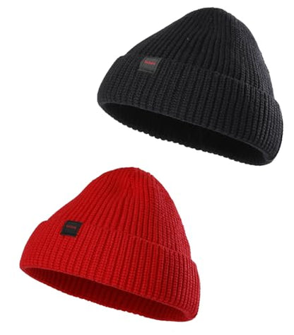 2 Pack Fisherman Beanie Hats for Men Women,Knit Trawler Skull Cap,Watch Cap,Spring Fall Winter Warm Short Hats - color: (Thick Stretchy) 2pcs:black+red(m)