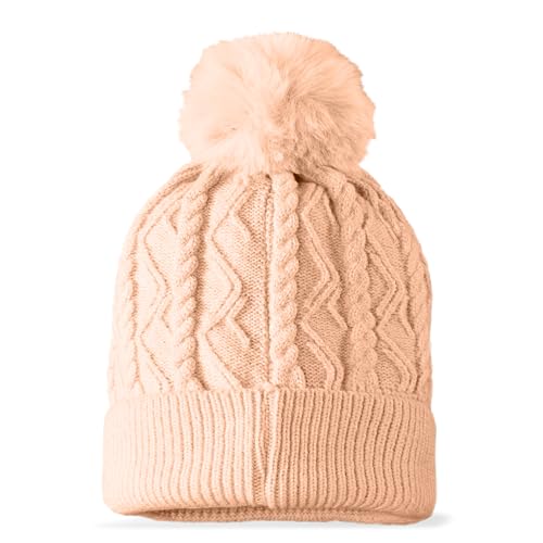 DALIX Cable Knit Pom Beanie Soft Stretch Skully Warm Fuzzy Faux Sherpa Winter Ski Beanie - color: Peach