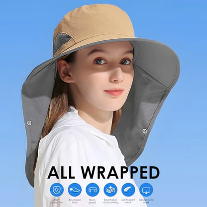 Outdoor Sun Hat Detachable Neck Face Flap UPF 50+UV Protection Visor Fishing Hats with Neck Flap for Men & Women - color: Khaki