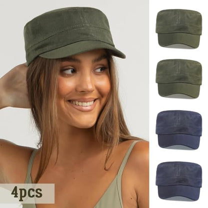 Glamorstar Unisex Cadet Army Hats 4 Pieces Military Flat Top Newsboy Cap - color: 2 Amry Green + 2 Navy