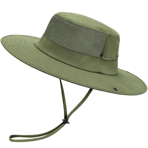 Cooling Sun Bucket Hat, UPF 50+ Wide Brim Boonie Hat with Ponytail Hole - color: 01 Army Green