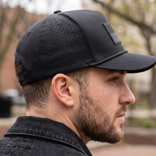 USA American Flag Golf Hat, Performance Rope Cap, Patriotic USA Hat – Adjustable, Breathable - color: All Black