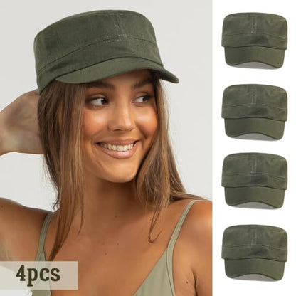 Glamorstar Unisex Cadet Army Hats 4 Pieces Military Flat Top Newsboy Cap - color: 4 Army Green