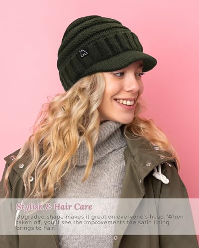 Hat Hut Beanie Hats for Women Men Satin Lined Winter Hats for Women Slouchy Beanies Satin Lined Beanie with Brim Visor - color: Olive Green