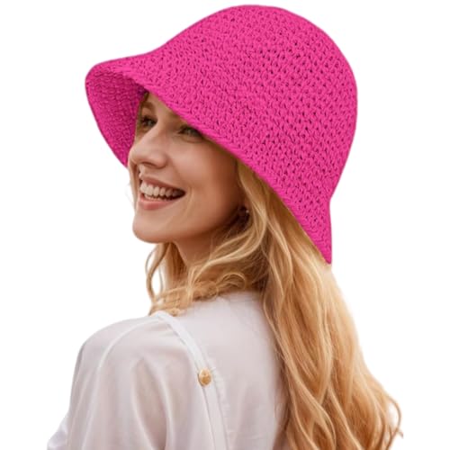 Womens Floppy Straw Sun Hat Packable Wide Brim Summer Beach Hat Foldable Crochet Bucket Hats - color: Rose Red 2