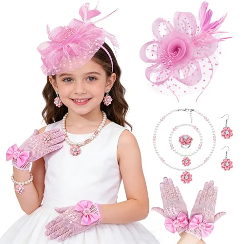 Girls Tea Party Fascinators Hats Girls Church Hats 20s 50s Pillbox Hat Cocktail Mesh Flower Pearl Feather Headband - color: Pink