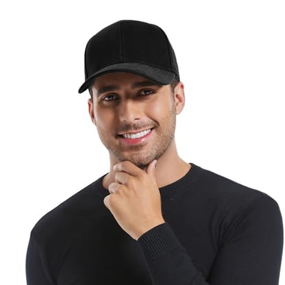 Men's Fitted Cap Winter Fleece Warm Full Closed Baseball Caps Curved Brim Blank Elastic Closed Back Hat K277N - color: Black, size: 7-7 1/4
