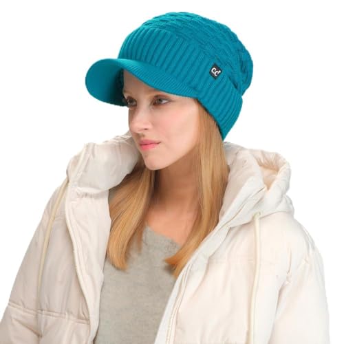 C.C Fuzzy Fleece Lined Warm Oversized Chunky Soft Stretchy Oversized Two Way Ribbed Slouchy Knit Hat with Visor Brim - color: Teal Blue