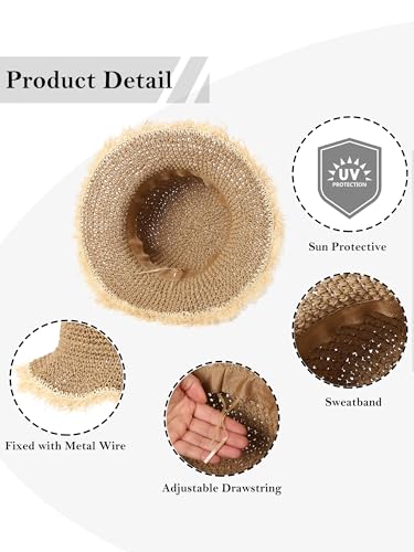 LA CARRIE Womens Sun Hat Floppy Packable Wide Brim UV Protection UPF 50+ Straw Hat with Fringe for Summer Beach - color: Khaki
