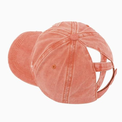 Criss Cross Ponytail Hat Women Washed Distressed Baseball Caps Adjustable High Messy Bun Ponycap - color: B - Denim Orange