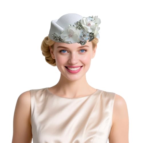 Women's Retro British Felt Headscarf Hat Church Derby Headdress with Floral Women's Soft Beret - color: White