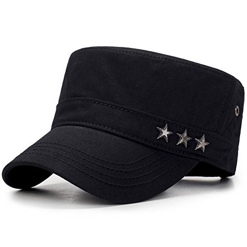 QZUnique Adjustable Flat Top Cap Solid Brim Army Cadet Style Military Hat - color: C- Black