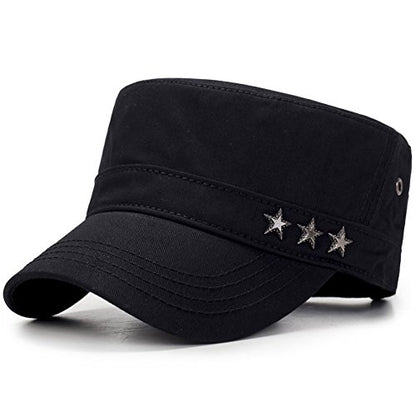 QZUnique Adjustable Flat Top Cap Solid Brim Army Cadet Style Military Hat - color: C- Black