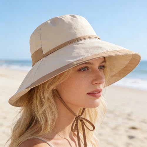 Summer Sun Hats for Women UV Protection Beach Hat Packable Wide Brim Safari Hats with Windproof Rope