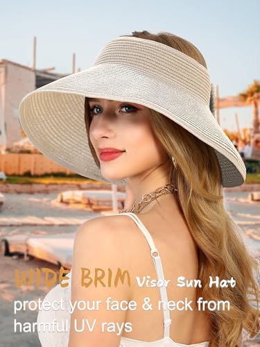 sy soul young Women's Straw Hat with Ponytail Hole Wide Brim Visor Sunhat - color: Beige