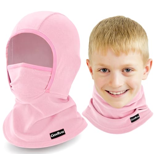GoxRunx Kids Balaclava Ski Mask,Fleece Face Mask Neck Warmer for Boys Girls,Windproof Face Cover for Cold Weather - color: Pink
