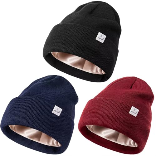 3 Pack Satin Lined Winter Beanie Hats for Women Men,Silk Lined Womens Beanies Knit Soft Warm Cuffed Hat - color: Black+navy Blue+burgundy