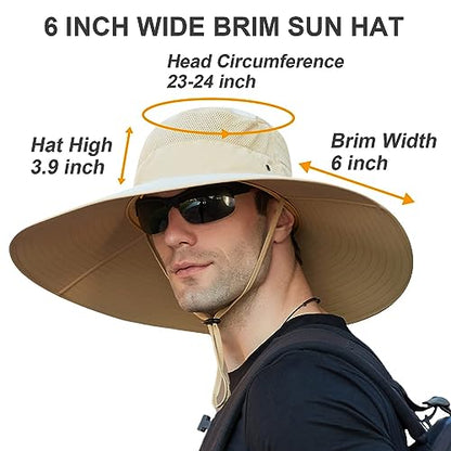 HUAMULAN Men Women 6" Wide Brim Sun Hat Summer Fishing Hats UV Protection - color: Bg9020-kaqi
