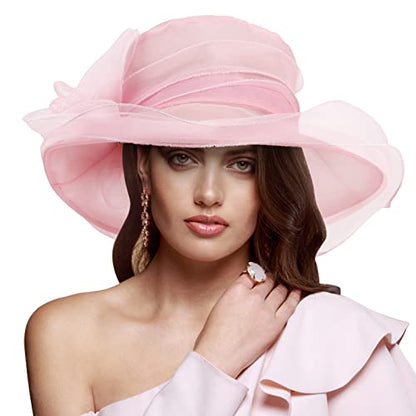 AQOKKA Women Organza Church Fascinators Kentucky Derby Hats for Women and Girls Wedding Flower Tea Party Hat with Wide Brim - color: Simulated Flower : Pink