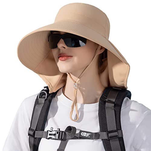HUAMULAN Women Wide Brim Summer Sun Hat Ponytail Hole with Neck Flap - color: Bg8112-kakhi