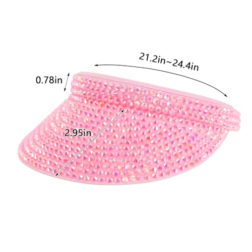 Haoohu Shiny Rhinestones Clip On Sport Sun Visor Hat for Women Men Outdoor Adjustable Wide Brim Summer Cap - color: Pink Rhinestone