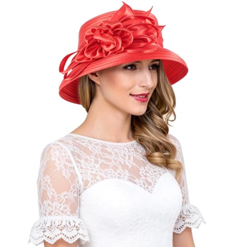 Ruphedy Women Derby Church Dress Bucket Hat Fascinators Tea Party Wedding Hat - color: Sd703-red