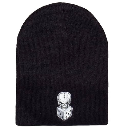 TOP HEADWEAR Skull Beanie Short Knit Cuffless Winter Hat Embroidered Skulls - color: Black 8 Dice