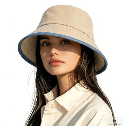 Summer Bucket Hat for Woman Men Cotton Wide Brim Sun Hat - color: Khaki