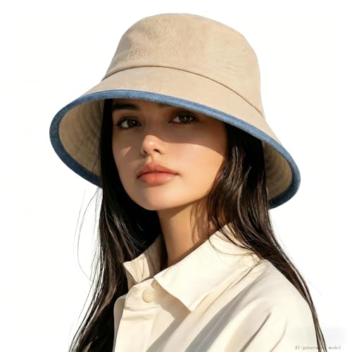 Summer Bucket Hat for Woman Men Cotton Wide Brim Sun Hat - color: Khaki