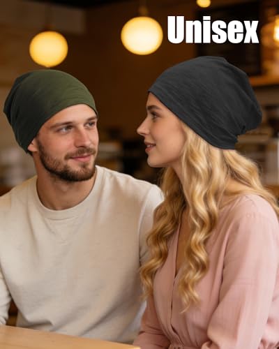 100% Cotton Thin Summer Slouchy Beanie Hat for Women Men Chemo Cap - color: 2pcs Black+ Army Green, size: Large