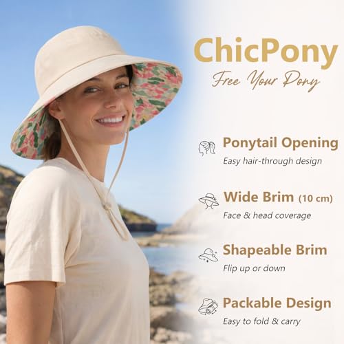 TOP-EX ChicPony Women's UPF 50+ Cotton Linen Wide Brim Sun Hat - color: Beige With Printed Lining, size: Medium