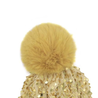 Women Sparkly Sequins Knitted Beanie Hat Warm Winter Skull Cap with Faux Fur Pom Pom - color: Light Gold