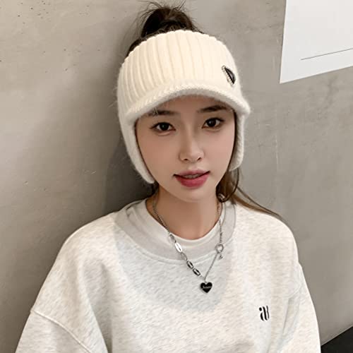 Open Beanie with Earflaps Visor Brim Bun Ponytail Winter Golf Tennis Hats Women - color: White