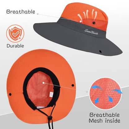 ZOORON Women's Ponytail Safari Sun Hat,Wide Brim UV Protection Bucket Hat - color: 1-orange