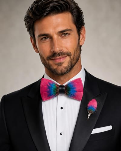 RBOCOTT Handmade Feather Pre-tied Bow tie and Brooch Sets for Men - color: Burgundy