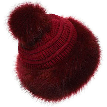 Soul Young Women's Faux Fur Hat Russian Cossack Knit Pompom Hat Ski Snow Cap for Winter Outdoor - color: Burgendy