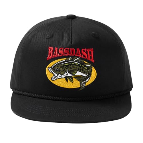 BASSDASH Embroidered Soft Top Flat Brim Duck Hat Snapback Cap for Hunting, Fishing, and Outdoor Activities - color: Black/Largemouth Bass