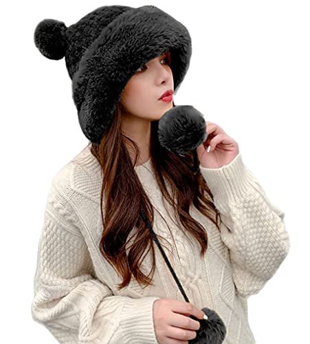 Winter Pompom Beanie Hats Women Knit Womens Beanie Faux Fur Crochet Skull Cap Warm Bucket Outdoor Ear Cover - color: Black