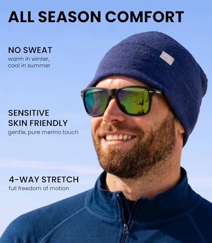 100% Merino Wool Beanie for Women, Men - Set Adult Skull Cap 17.5um & Socks - color: Denim, size: Small-Medium