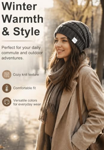 FEQO 6 Pack Satin Lined Beanies Slouchy Beanie Oversized Cable Knit Caps - color: Black, Dark Gray, Light Grey, Khaki, Army, Navy