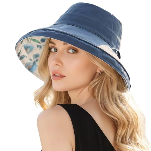 HUAMULAN Women Wide Brim Reversible Sun Hat Summer Beach Fishing Bucket - color: Navy Floral