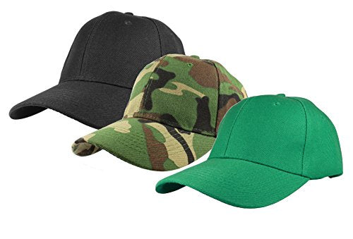 Gelante Plain Baseball Cap Adjustable Back Strap 3 PC - color: 3pcs-black/Camo/Kelly Green