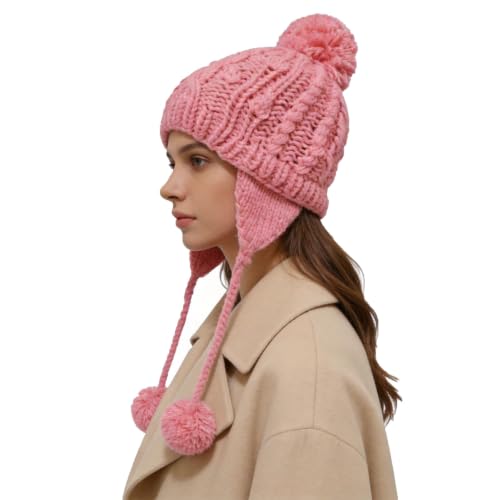 Women Winter Crochet Hat Cable Knit Beanie Ski Ear Flaps Pom Cap - color: Pink