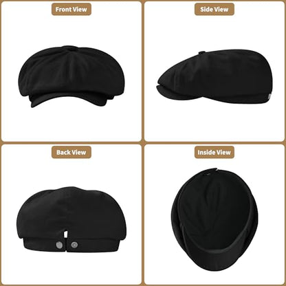 KUJUHA Newsboy Cap for Men Flat Cap 100% Cotton Irish Gatsby Ivy Golf Cabbie Hat Driving Hat - color: Black, size: Large