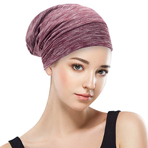 Silk Satin Lined Bonnet Sleep Cap - Adjustable Stay on All Night Hair Wrap Cover Slouchy Beanie for Curly Hair Protection for Women and Men - Heather Burgundy - color: Heather Burgundy, size: One Size