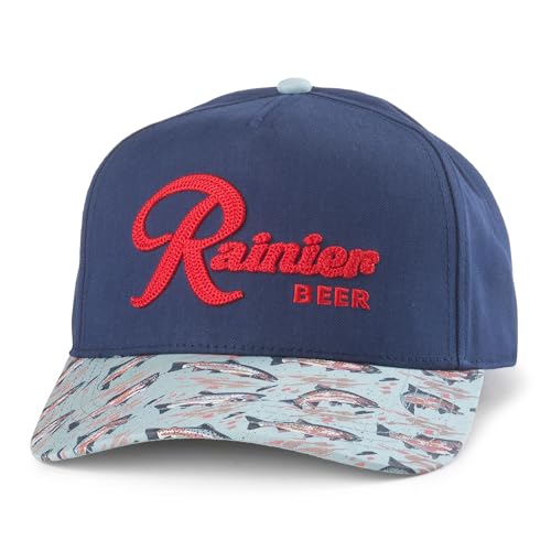AMERICAN NEEDLE Rainier Beer Unisex Adjustable Snapback Baseball Hat - color: Buckhorn (Navy/Seafoam), style: Snapback With Embroidery