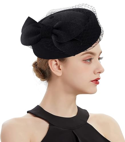 ORIDOOR Women's British Style Pillbox Church Derby Wedding Winter Vintage Fascinator Beret 100% Wool Felt Veil Hat - color: 04a-black